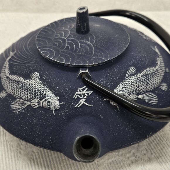 Teavana Japanese Blue Koi Fish Cast Iron Tea Pot Handmade Prosperity - Picture 7 of 10